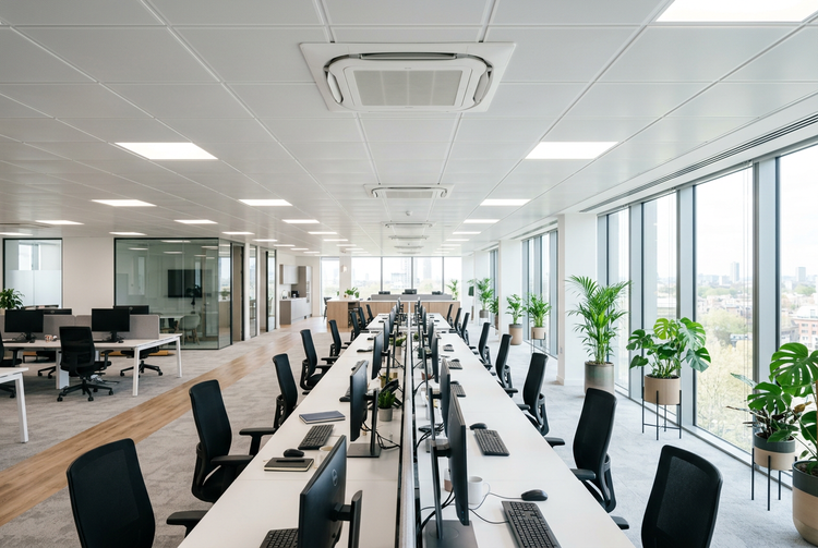 Modern office with ceiling cassette air conditioning units above the desks