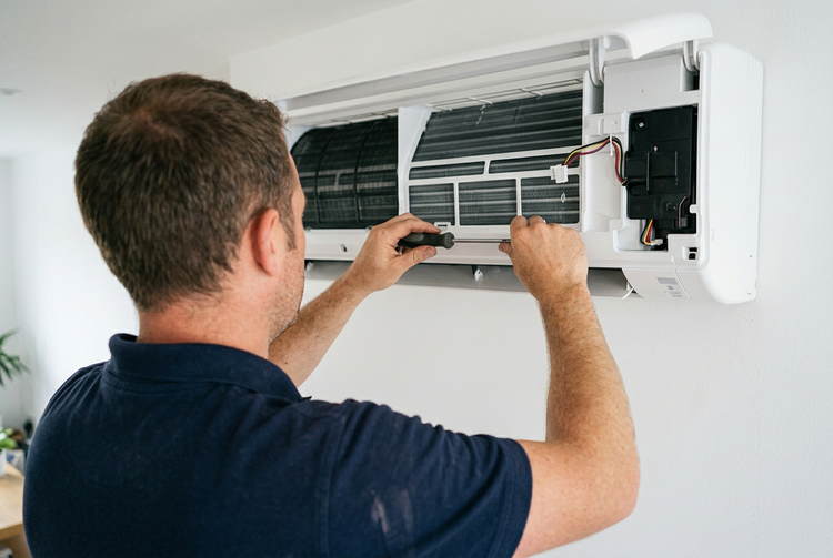Air conditioning engineer servicing a wall-mounted unit with the front cover removed