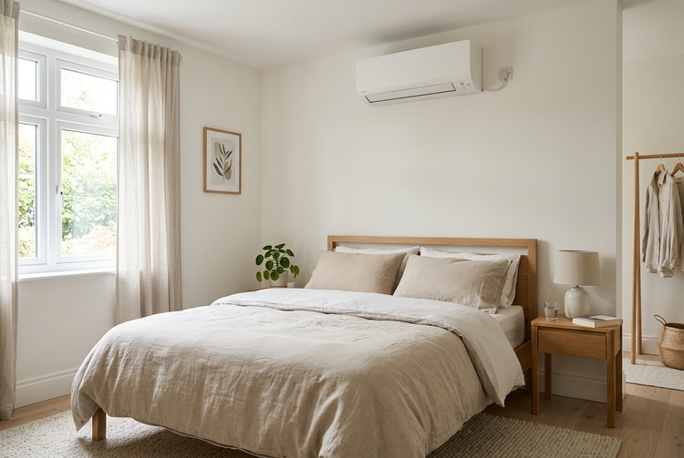 Bedroom with a slim white wall-mounted air conditioning unit above the bed