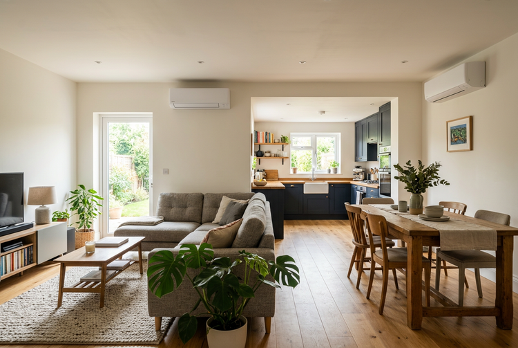 Open-plan family home with wall-mounted air conditioning units in the living and dining areas
